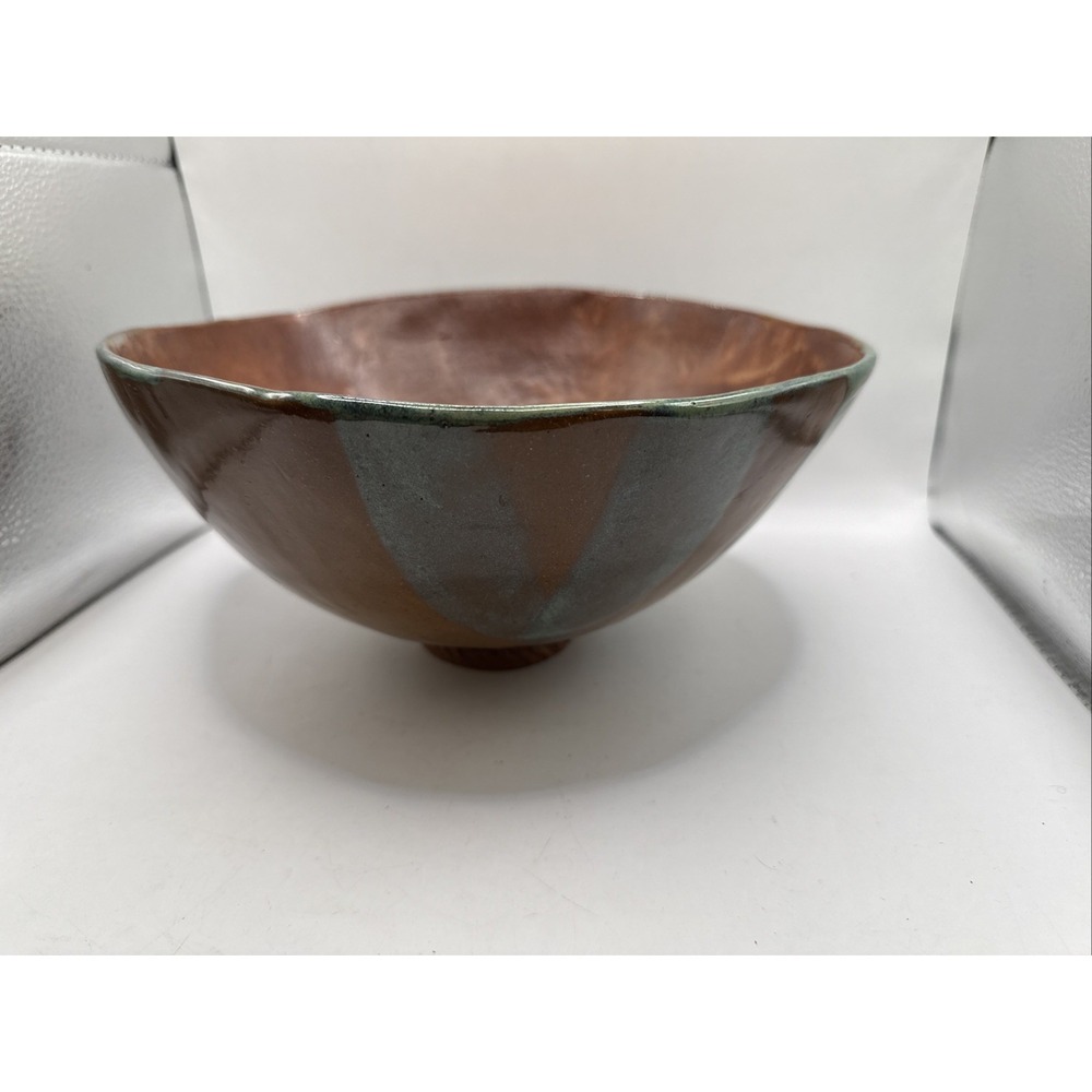 Hand Made Pottery Bowl, Artist Signed JS Blue Green Color Embossed 9.5" X 4.5"